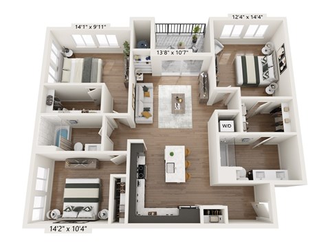 A 14'1" x 9'11" floor plan of a two-bedroom apartment with a living room, kitchen, and bathroom.